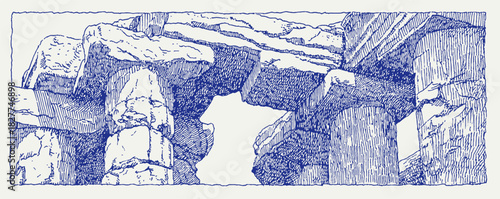 A blue and white drawing of a rocky cliff. The drawing is in black and white and has a pixelated look. vector illustration
