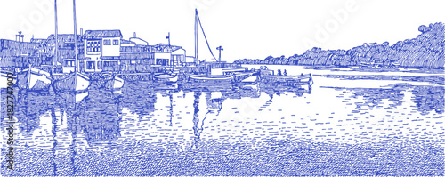 A blue and white drawing of a harbor with boats and a house. The water is calm and the boats are docked. vector illustration