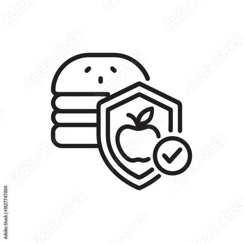Healthy diet and nutrition icon with burger shield apple and check mark black and white vector illustration