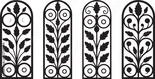 Four Decorative Black Ornate Scrollwork Panels with Leaf Motifs and Circular Elements architectural