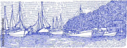A blue and white drawing of a body of water with several boats in it. The boats are scattered throughout the water. vector illustration
