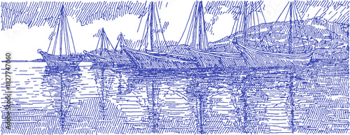 A blue and white drawing of a boat in the water. The boat is in the middle of the water and is surrounded by other boats. vector illustration