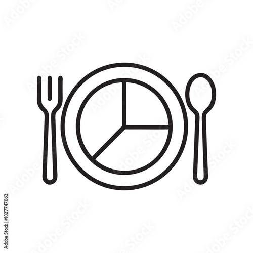 Black and white vector plate with pie chart and cutlery icon for diet and nutrition planning