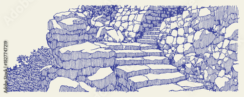 A blue and white drawing of a stone staircase. The steps are made of stone and are blue. vector illustration