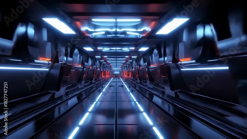 Futuristic Spaceship Interior Tunnel with Neon Lights Sci-Fi Corridor Journey