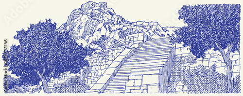 A blue and white drawing of a mountain with a path leading up to it. The path is made of stone and there are trees on either side. vector illustration