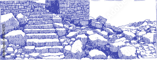 A blue and white drawing of a staircase and rocks. The stairs are blue and white and the rocks are gray. vector illustration