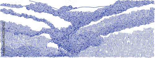 A blue and white drawing of a mountain range. The mountains are covered in snow and the sky is blue. vector illustration