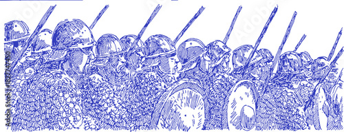 A blue and white drawing of a group of soldiers. The soldiers are holding spears and are in a field. vector illustration