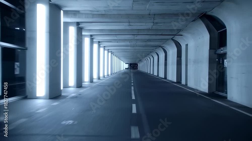 Abstract Futuristic Tunnel with Neon Lights and Concrete Walls Background Motion