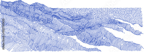 A blue and white drawing of a mountain range with a body of water in the background. The drawing is in black and white. vector illustration