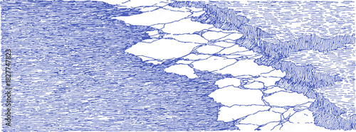 A blue and white image of a rocky shoreline. The rocks are scattered across the shoreline, and the water is choppy. vector illustration