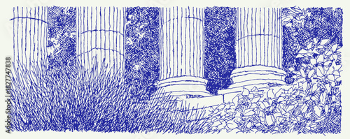 A blue and white drawing of two columns. The drawing is blurry and has a lot of detail. vector illustration