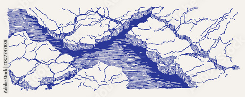 A blue and white drawing of a river with a rocky shoreline. The water is choppy and the rocks are jagged. vector illustration