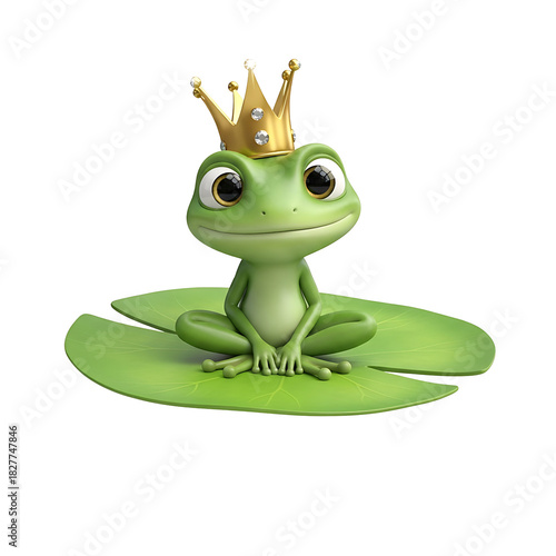 Cute 3D Frog Prince with Golden Crown on Lily Pad. Charming animated character for fairy tales, kids' projects, or whimsical marketing.
