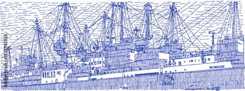 A blue and white drawing of a ship. The ship is large and has many sails. The ship is in the water. vector illustration