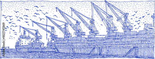 A blue and white drawing of a ship with a crane on it. The crane is on the right side of the ship. vector illustration