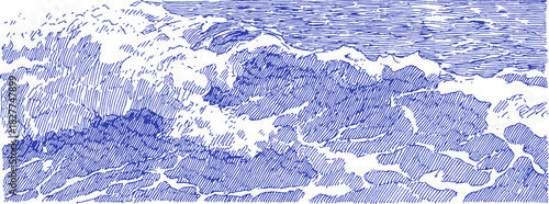 A blue and white drawing of a wave. The blue is the ocean and the white is the sky. vector illustration