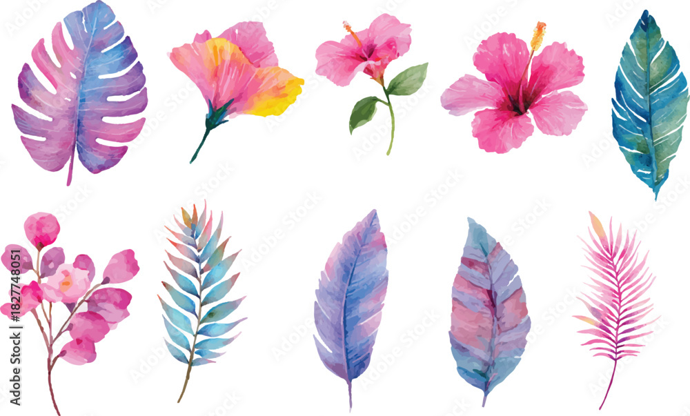Fototapeta premium Watercolor tropical flowers and leaves