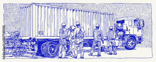 A blue and white image of a truck with four soldiers standing in front of it. The truck is a large semi truck. vector illustration