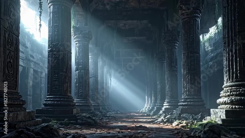 Ancient Temple Ruins with Sunlight Streaming Through Pillars, Dramatic Atmospheric View