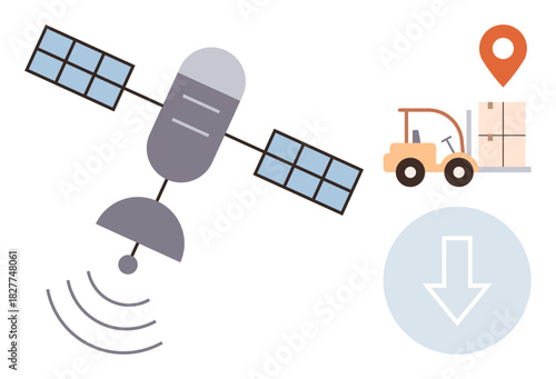 Satellite transmitting signals, forklift transporting cargo, GPS marker, and download icon. Ideal for logistics, supply chain, tracking, transportation, satellite technology delivery and data