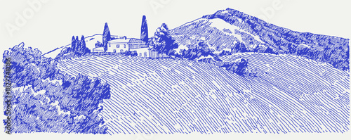 A blue and white drawing of a hillside with a house and trees. The house is on the left side of the hill. vector illustration