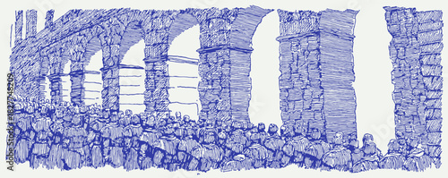 A blue and white image of a crowd of people. The people are scattered throughout the image. The image is blurry. vector illustration