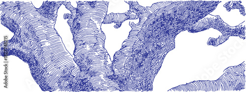 A blue and white drawing of a tree trunk. The trunk is thin and has a lot of detail. vector illustration