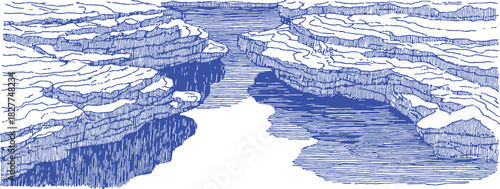 A blue and white drawing of a river. The water is blue and the rocks are white. The river is very wide and the water is calm. vector illustration