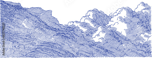 A blue and white drawing of a mountain range. The mountains are covered in clouds. vector illustration