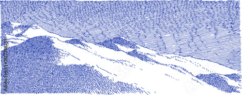 A blue and white drawing of a mountain range. The mountains are covered in snow and the sky is blue. vector illustration