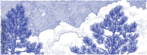 A serene landscape with a blue sky and a few trees. The trees are scattered throughout the scene. vector illustration