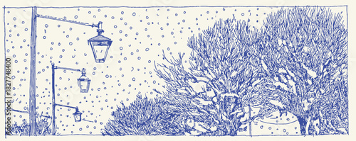 A blue and white drawing of a street scene with a lamp post and a tree. The lamp post is lit up and the tree is bare. vector illustration