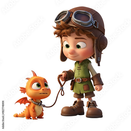 Adorable cartoon adventurer boy in aviator hat holding leash of cute orange baby dragon. Whimsical 3D render for fantasy, kids, and game design projects.