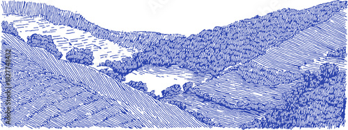 A blue and white drawing of a mountain with a lake in the valley. The drawing is in a blue and white color scheme. vector illustration