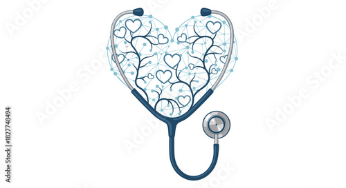 Heart shaped stethoscope with intricate floral design and small hearts, Generative AI.