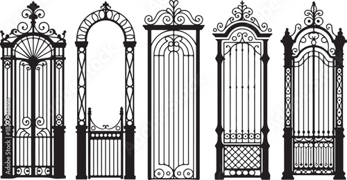 Ornate Wrought Iron Gates and Archways Collection Silhouette on White Background metal