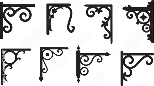 Set of eight ornate black silhouette corner bracket designs with floral and scroll motifs