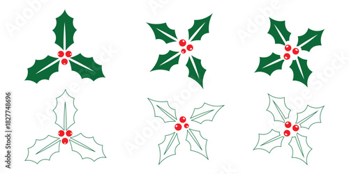 Christmas Holly Leaves and Berries Festive Vector Illustration Set