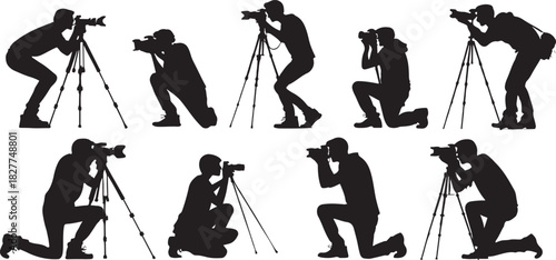 Silhouette of photographers in various poses with cameras and tripods