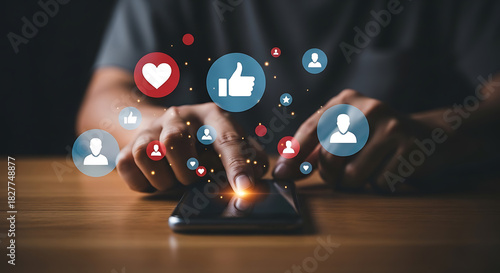 Person using smartphone with social media icons floating around in a dark background