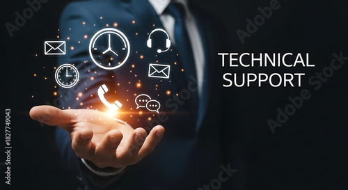 A hand holding glowing technical support icons with a man in a suit in the background