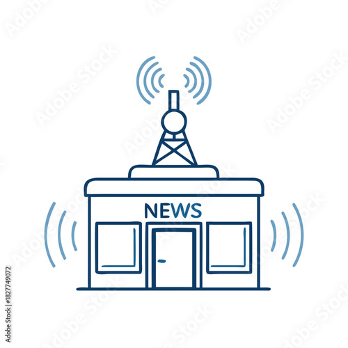 newsroom building with antenna on roof and small waves above it representing live news center for broadcasting, media, journalism