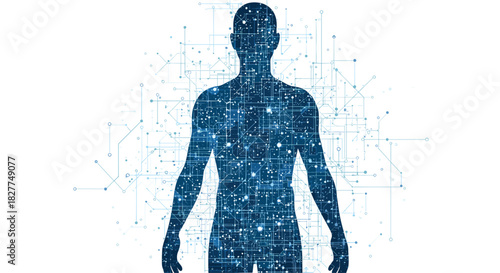 Digital Human Silhouette with Circuit Board Pattern, Generative AI.