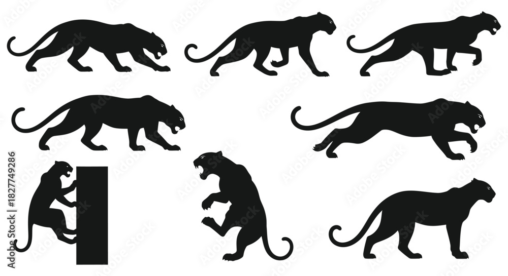 Obraz premium Collection of black panther and jaguar silhouettes in various dynamic poses