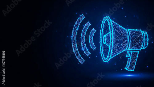 A futuristic blue glowing polygonal megaphone and radiating sound waves on an abstract digital background, symbolizing modern communication, alerts, and marketing strategies.