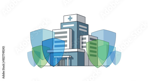 Hospital Building Protected by Shields Security and Safety Concept, Generative AI.