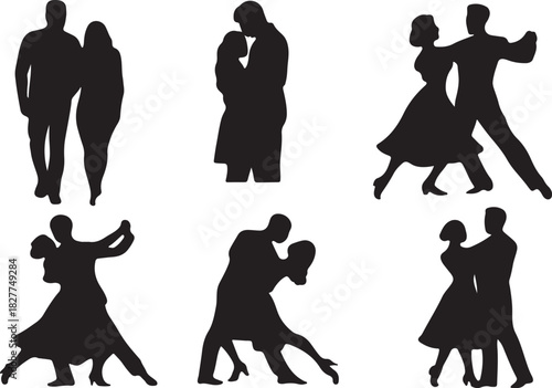 dancing couples and romantic partners walking and embracing illustrating love ballroom dance silhouette vector