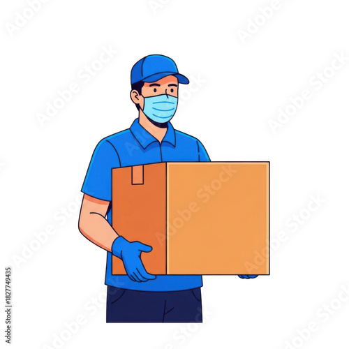 Delivery person wearing mask holding a package for contactless delivery